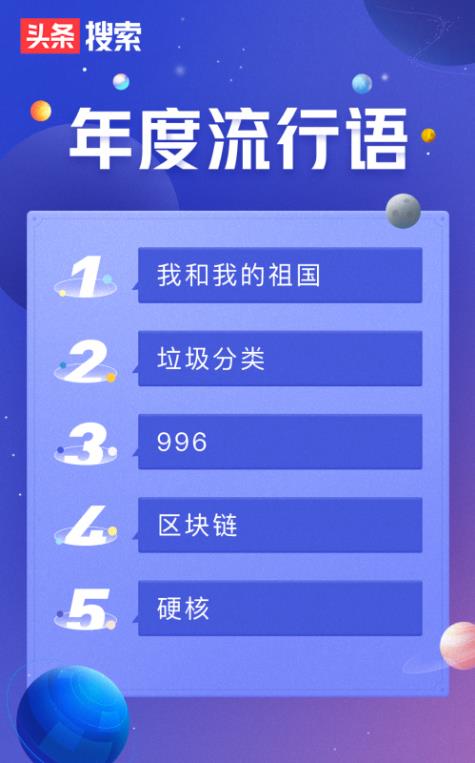 今日頭條搜索2019年度流行語榜單:我和我的祖國(guó)、垃圾分類、996前三