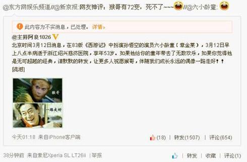 藝術家六小齡童被去世，微博轉發(fā)笑臉辟謠現(xiàn)身澄清公布造謠者QQ