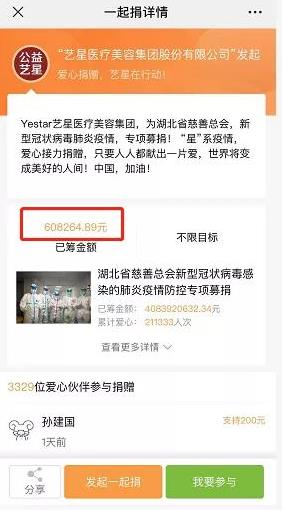 杭州藝星整形醫(yī)院報(bào)道：藝星集團(tuán)19城聯(lián)動(dòng)，23家機(jī)構(gòu)近4000人捐款160萬支援武漢戰(zhàn)疫